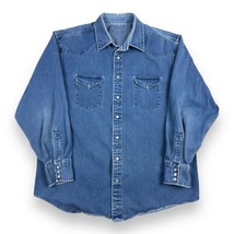 Vintage Western Premium Heavyweight Denim Shirt Blue Snaps Fitted Men’s ... - $39.59