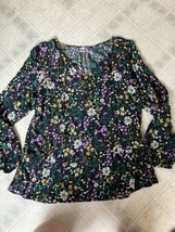 Old Navy Sz Medium Peasant Tie Front Blouse Rayon Black w/ yellow purple florals - £18.26 GBP