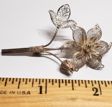 Vintage Solid All 925 Sterling Silver Fine Filigree Flower &amp; Leaf Pin 3.9gr - $18.80