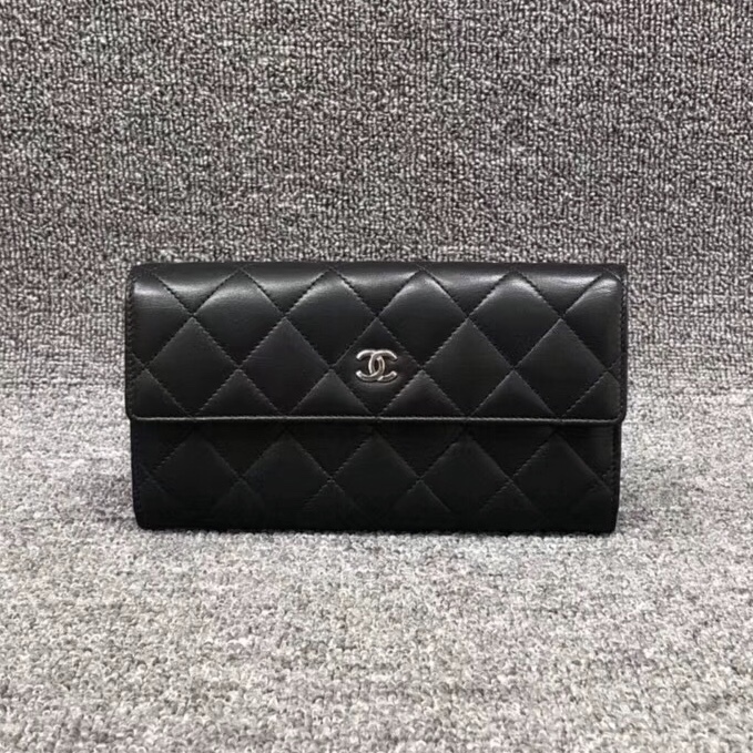 AUTH CHANEL BLACK QUILTED LAMBSKIN LARGE FLAP TRI-FOLD CLUTCH WALLET  - $999.99