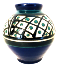Studio Art Pottery Vase Cobalt Blue &amp; Green w/ Embossed Pattern 6.5&quot;H Si... - $16.99