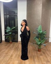 Black Sequin Mermaid Long Prom Dress,Night Dresses Party with Gloves - $158.99