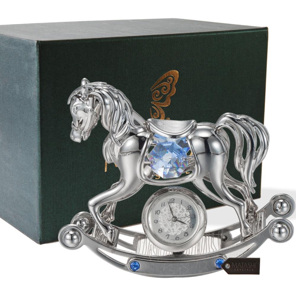 Matashi Chrome Plated Crystal Studded Silver Rocking Horse Desk Clock Or... - $34.99