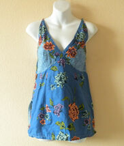 Blue Ethnic Cotton Batik Floral Printed Embroidered Women Top / Blouse - XS - $6.80