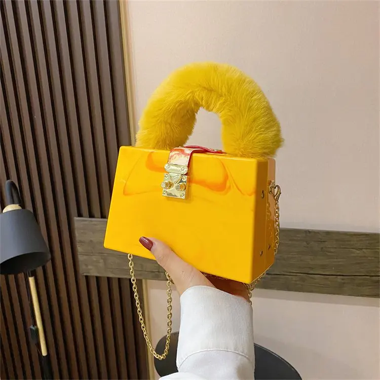 Faux Fur Top Handle Acrylic Party Box Clutch Fashion Purses and Handbags... - $74.64
