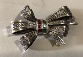 Vtg Sterling Silver French Emerald &amp; Ruby Engraved Bow BROOCH/PENDANT - £39.56 GBP