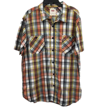 Levis Button Front Shirt Mens XL Used Orange Yellow Black Plaid - $15.84