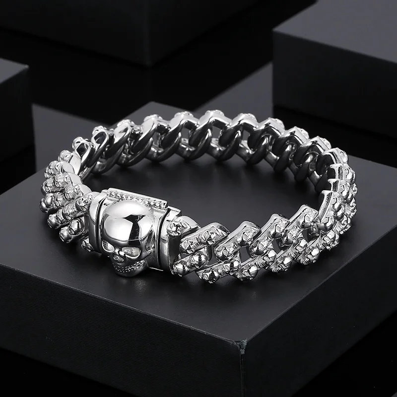 Retro Skeleton Men&#39;s Bracelet Stainless Steel Punk Skull Wristband Viking Charm  - £43.23 GBP