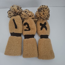Set Of 3 VTG Golf Club Head Cover Sock Pom Pom Beige Brown Knit Set 1, 3, X - €17,15 EUR
