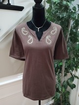 Coral Bay Women&#39;s Brown Paisley Beaded Cotton Short Sleeve Top Blouse Size 2X - £20.22 GBP
