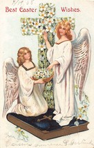 Best Easter WISHES-ANGELS-CROSS-FLOWERS-BIBLE~1908 Gilt Embossed Postcard - £7.20 GBP