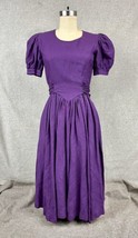 Rare Vintage 1980s Royal Purple Linen Princess Dress Laura Ashley Look XS - $120.94