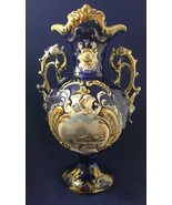 Antique Majolica Vase Two Handles Ice Skating Scene Blue White Gold - $878.12 CAD