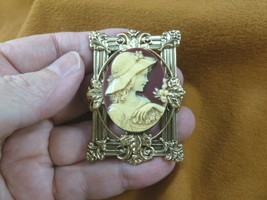 CM10-6) GIRL in Hat Resin burgundy ivory CAMEO flower brass Pin brooch JEWELRY - £27.24 GBP