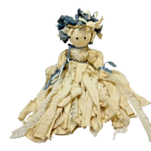 Vintage Primitive Rag Doll Fabric Strips Pin Head Hair Blue White 18&quot; - £15.73 GBP