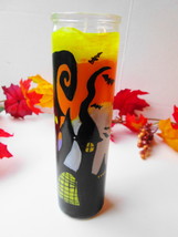 Halloween Candle Haunted Mansion Hand Painted Glass Vase Unscented White Candle - £22.01 GBP