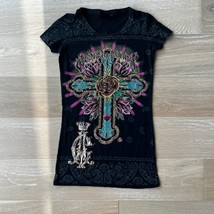 Vintage Y2K Christian Audigier Rhinestone Bedazzled All Over Print Tee Black - £57.99 GBP