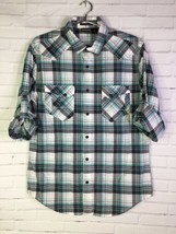 Helix Mens Sz M Athletic Plaid Blue White Black Snap Button Up Long Sleeve Shirt - £13.58 GBP