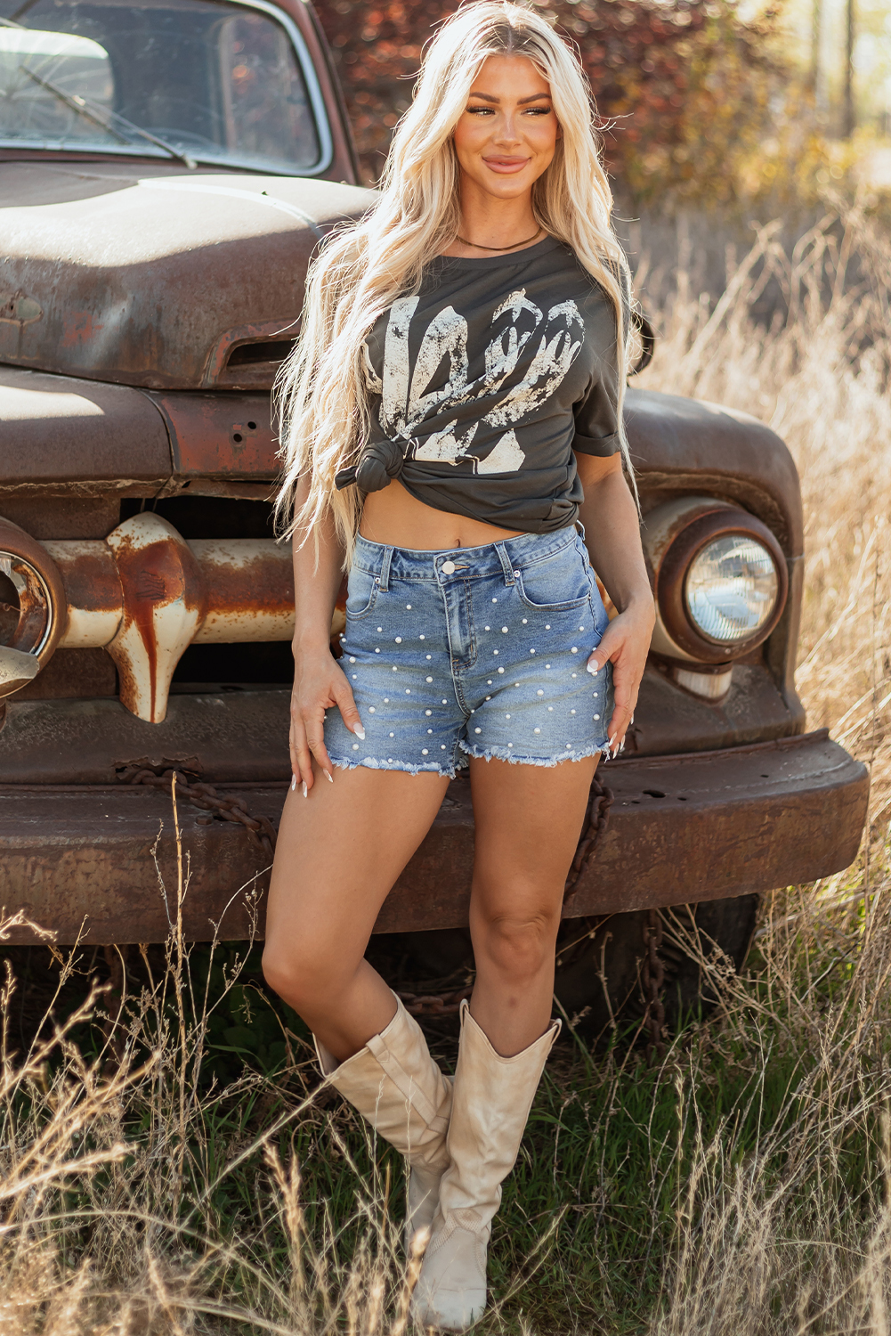 Dusk Blue Pearl Beaded Raw Hem Medium Wash Denim Shorts Item image 5