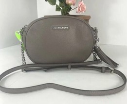 Michael Kors Crossbody Bag  Gray Pebbled Leather Oval Zip Tassel Purse B3M - £48.05 GBP