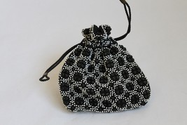 Vintage Black and White Beaded Satchel Draw String Closure  - £18.99 GBP