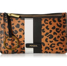 Fossil Women&#39;s Logan Leather Zip Card Case Wallet w Keychain. NWT. Cheetah. Faux - £31.83 GBP