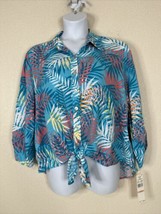 NWT Ruby Rd. Womens Plus Size 2X Blue Leaves Button Up Tie Shirt 3/4 Sleeve - £18.22 GBP