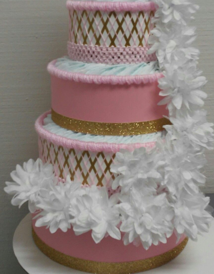 Light Pink and White Teddy Bear Theme Baby Shower 4 Tier Diaper Cake