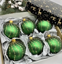 Set of 6 green Christmas glass balls, hand painted ornaments with gifted... - £56.77 GBP