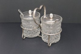 Double Round Vintage Cut Glass &amp; Silver Plated Condiment Caddy  Made in England - $49.99