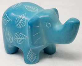 Turquoise Elephant Figurine Etched Leaves Design Trunk Up Vintage - $18.95