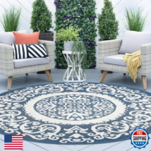 Homcomoda 8ft Round Blue Outdoor Patio Rug Reversible Plastic Straw Camp... - $78.81