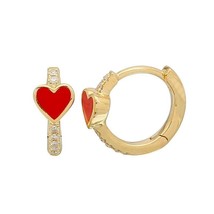 Authenticity Guarantee 
Red Enamel Heart Diamond Huggie Earrings 14K Yellow G... - £555.55 GBP
