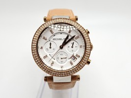 MICHAEL KORS Parker Womens Crystal Chronograph Watch White Rose Gold Tan Leather - £46.92 GBP