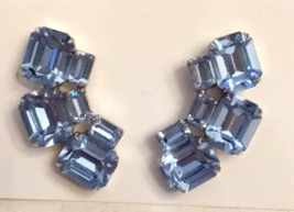 ALBERT WEISS Clip On Earrings VTG Emerald Cut Ice Blue Crystal Rhinestones 1.25" - $39.53