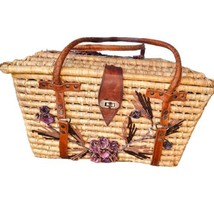 Vintage 60s Mexican Picnic Basket Woven Raffia Leather Purple Flowers 15x9x9 - £149.15 GBP