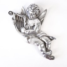 16&quot;x9&quot; Metal Angel Cherub Harp Hanging Wall Decor Art Sculpture Plaque - £28.09 GBP