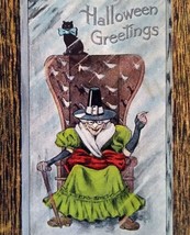 Halloween Postcard Fantasy Seated Witch Black Cat Blue Bow Tie H M Rose TRG 1909 - £182.71 GBP