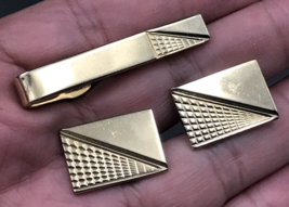VTG Shields Forced Perspective Gold Tone Cufflinks &amp; Tie Clip Bar Set - £10.99 GBP