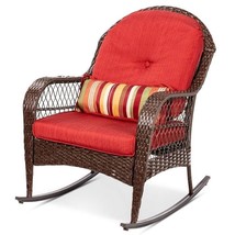 Outdoor Patio Brown Wicker Rocking Chair with Red Cushions and Accent Pillow - $368.49