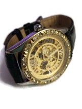 Men&#39;s Gold Dial Skeleton Black Leather Mechanical Sport Army Wrist Watch Classic - £11.94 GBP