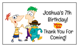 16 Personalized Phineas &amp; Ferb Birthday Stickers, 3.5&quot; x 2&quot;, Square,Label,Custom - £9.40 GBP