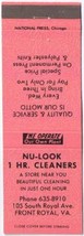 Matchbook Cover Nu Look 1 Hour Cleaners Front Royal Virginia Pink - $0.71