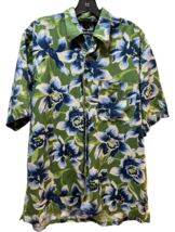 Nautica men Medium M Linen Rayon blend green blue tropical Hawaiian button shirt - $16.82