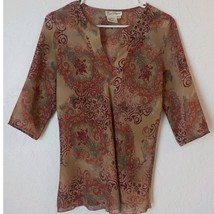 Vtg Fred David Sheer Brown Red Floral Blouse V-Neck Women Small Boho 90s Y2K - £8.09 GBP