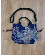 Ornate Multicolored Peacock Embroidered &  Sequins Blue Purse Black Handles  - $19.99