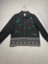 Vintage Button Up Sweater Fleece Womens Size M Embroidery Applique Holly Holiday - £29.09 GBP