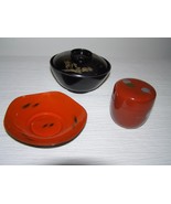 Vintage Lot of Three Small Black &amp; Rusty Red Lacquered Plastic Japanese ... - $9.49