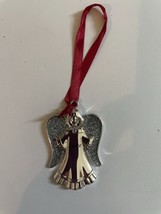 Harvey Lewis Silver Metal Christmas Tree Ornament red ribbon Angel Beautiful - £9.30 GBP