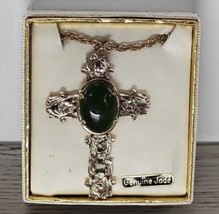 Vintage Ornate Gold Tone Cross With Genuine Jade Stone - £37.99 GBP